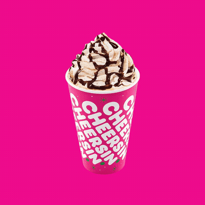 A Cup That Says Cheers On It With A Pink Background GIF