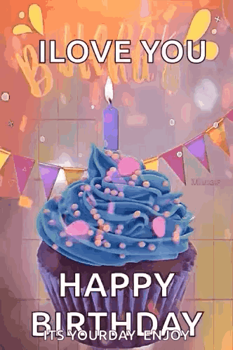 A Cupcake With Blue Frosting And A Candle On It Says Happy Birthday GIF