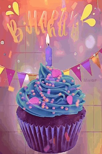 A Cupcake With Blue Frosting And A Candle On Top Of It GIF