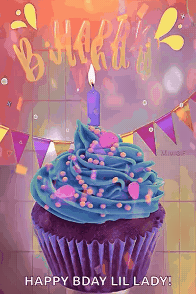 A Cupcake With Blue Frosting And A Lit Candle On Top Of It . GIF