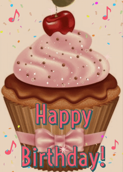 A Cupcake With Pink Frosting And A Cherry On Top Says " Happy Birthday " GIF