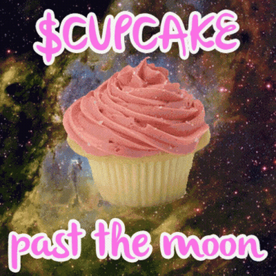 A Cupcake With Pink Frosting And The Words $ Cupcake Past The Moon Below It GIF