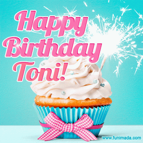 A Cupcake With White Frosting And A Pink Bow Says Happy Birthday Toni GIF