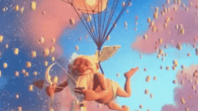 A Cupid Is Flying In The Air With A Parachute . GIF