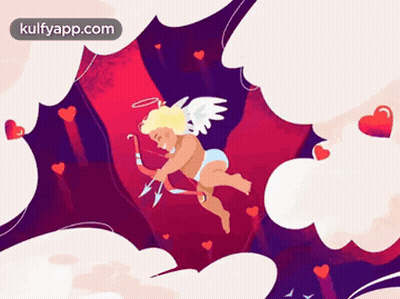 A Cupid With A Bow And Arrow Is Flying Through A Tunnel Of Clouds GIF