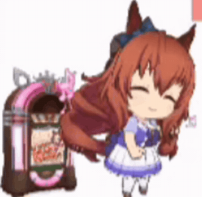 A Cute Anime Girl Is Standing Next To A Jukebox . GIF