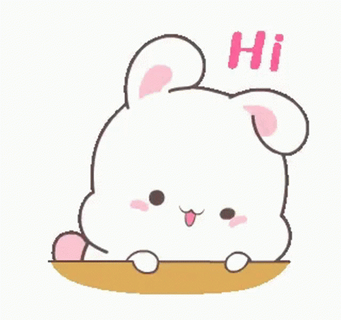 A Cute Bunny Rabbit Is Sitting On A Table And Saying Hi . GIF