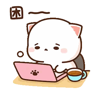 A Cute Cartoon Cat Is Sitting At A Table Using A Laptop Computer . Sticker
