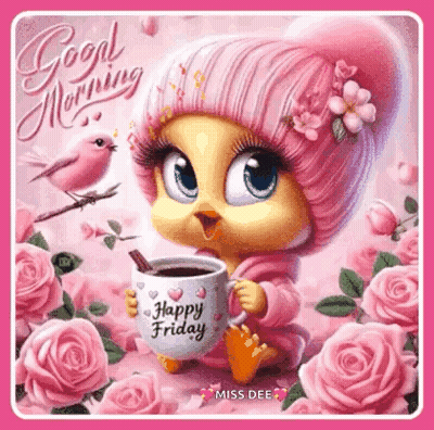 A Cute Cartoon Chick Is Holding A Cup Of Coffee And A Happy Friday Greeting Card . GIF
