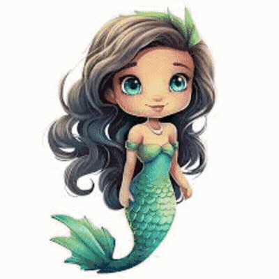 A Cute Cartoon Mermaid With Long Hair And A Green Tail Is Standing On A White Background . GIF