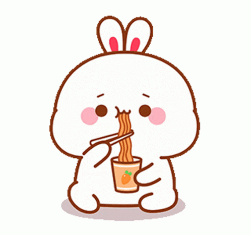A Cute Cartoon Rabbit Is Eating Noodles From A Cup With Chopsticks . GIF