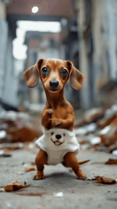 A Dachshund Wearing A Teddy Bear Costume Stands On Its Hind Legs GIF