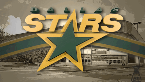 A Dallas Stars Logo With A Green Star In Front Of A Stadium GIF