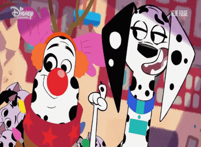 A Dalmatian And A Clown From Disney 'S 101 Dalmatians Are Standing Next To Each Other GIF