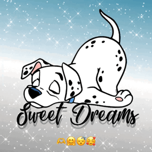 A Dalmatian Dog Laying Down With The Words Sweet Dreams Written Below It GIF
