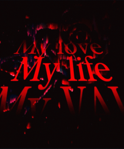 A Dark Background With Red Letters That Say My Life GIF