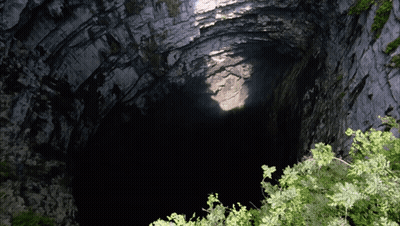 A Dark Cave With A Few Trees In The Foreground GIF