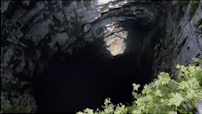 A Dark Cave With A Tree In The Foreground And A Light Coming Out Of It GIF