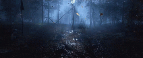 Dark Forest With Flying Leaves GIF