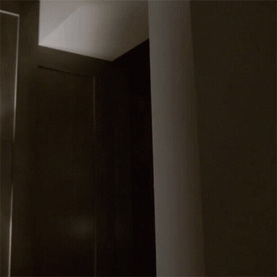 A Dark Hallway With A Black Door And A White Pillar GIF