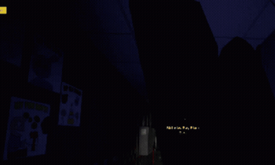 A Dark Hallway With A Checkered Wall And A Yellow Arrow Pointing To The Left GIF