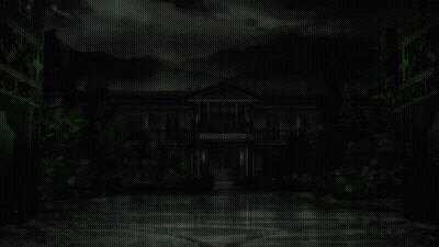 A Dark House With Green Leaves On The Ground And Mountains In The Background GIF