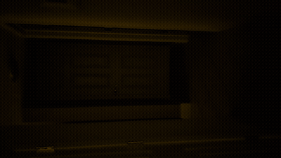 A Dark Room With A Few Lights On And A Person Walking Down The Stairs GIF