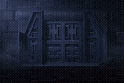 A Dark Room With A Light Shining Through A Door With The Letter C On It GIF