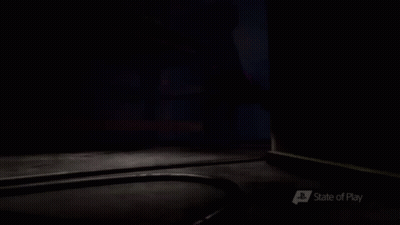 A Dark Room With Purple Lights And A State Of Play Logo GIF