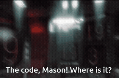 A Dark Room With The Words " The Code Mason Where Is It " Written On It GIF