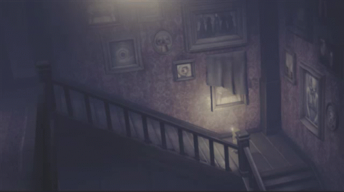 A Dark Staircase With Pictures On The Wall And A Light GIF