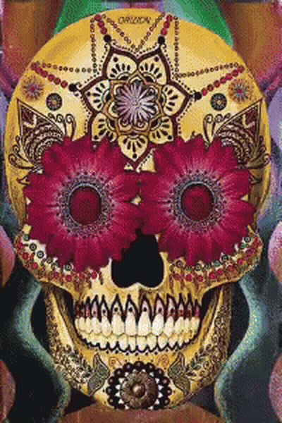 A Day Of The Dead Skull With Pink Flowers On It GIF