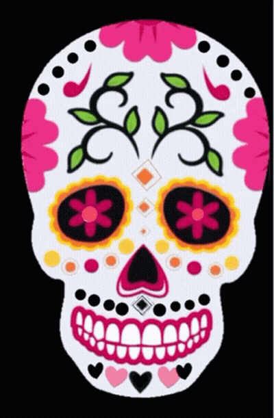 A Day Of The Dead Sugar Skull With Pink Flowers On The Eyes GIF