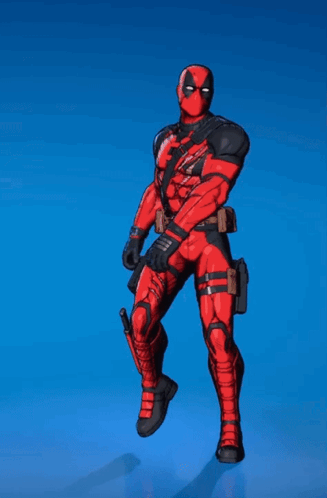 A Deadpool Figure Is Standing On A Blue Background GIF