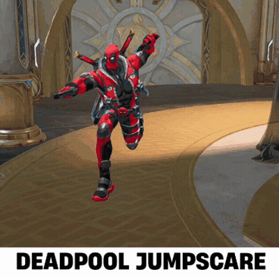 A Deadpool Jumpscare Poster With A Video Game Character GIF