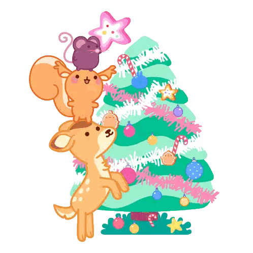 A Deer And A Squirrel Decorate A Christmas Tree With Candy Canes Sticker