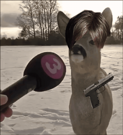 a deer wearing a wig and holding a gun is being interviewed by a microphone with the number 3 on it