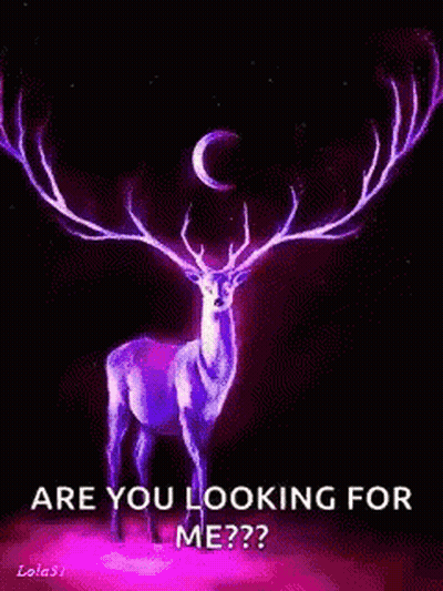 A Deer With Purple Antlers And A Crescent Moon In The Background GIF