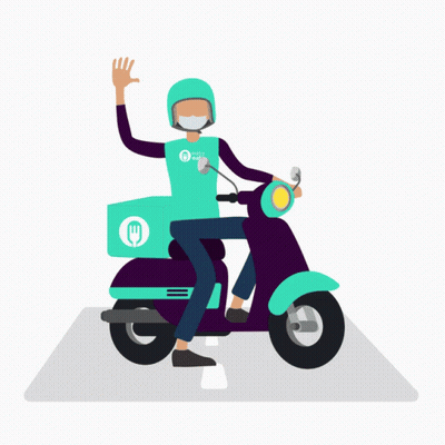 A Delivery Man Wearing A Mask Is Riding A Scooter With A Box On The Back That Has A Fork And Knife On It GIF