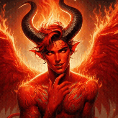 A Demon With Horns And Wings Is Smiling GIF