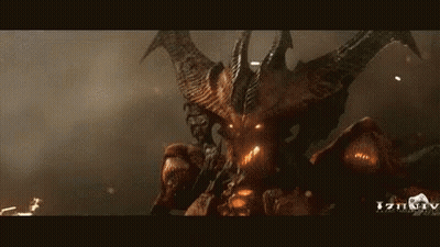 A Demon With Horns And Wings Is Standing In The Dark Looking At The Camera . GIF