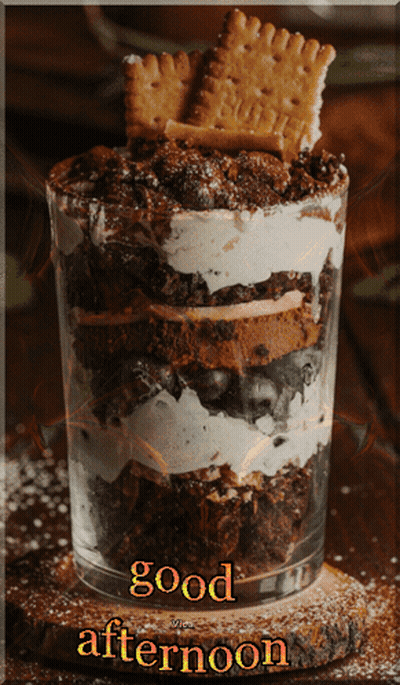 A Dessert In A Glass With The Words " Good Afternoon " On The Bottom GIF