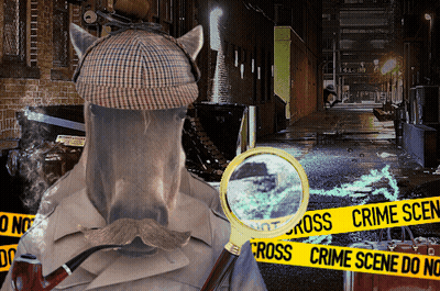 A Detective With A Magnifying Glass In Front Of A Cross Crime Scene Tape GIF