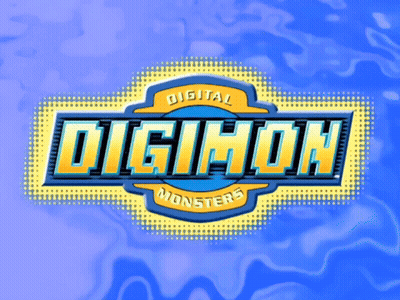 A Digital Monsters Logo On A Blue And Yellow Background GIF