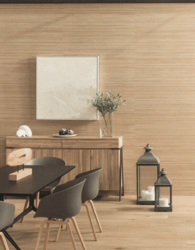A Dining Room With A Table And Chairs And A Picture On The Wall GIF