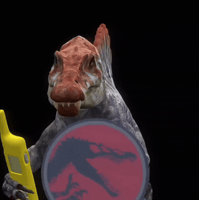 A Dinosaur Holding A Yellow Cell Phone In Front Of A Jurassic World Logo GIF