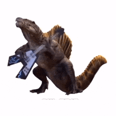 A Dinosaur Is Holding A Guitar With The Number 35 Written On It GIF