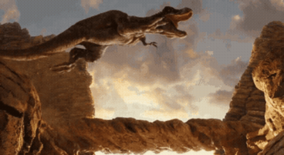 A Dinosaur Is Jumping Over A Bridge With Its Mouth Wide Open GIF