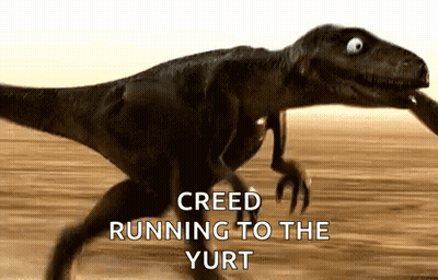 A Dinosaur Is Running In The Desert With The Words `` Creed Running To The Yurt '' . GIF