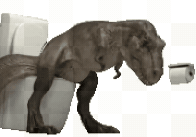 A Dinosaur Is Sitting On A Toilet And Looking At A Roll Of Toilet Paper GIF